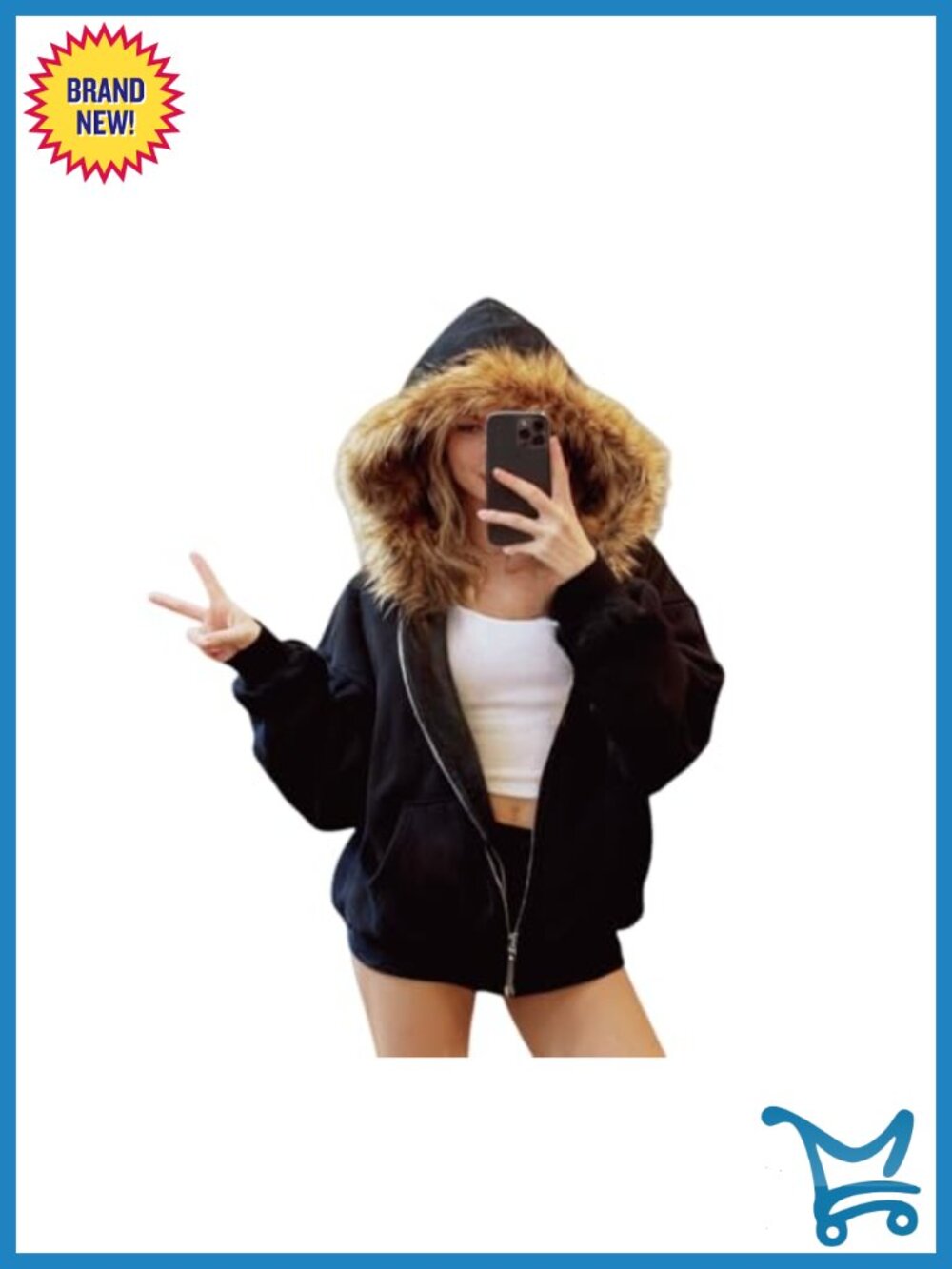 Y2k Zip Up Hoodie Fur Jacket Vintage Streetwear Teen Grunge Winter Coat